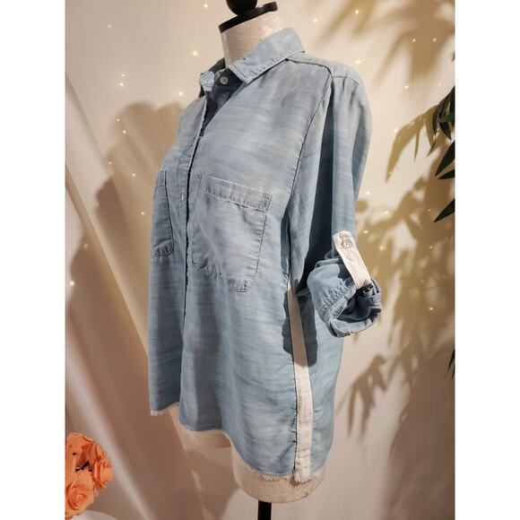 Bella Dahl Fray Hem Button Tencel Light Wash Denim Shirt Size M Roll Tab Sleeve - Picture 5 of 13